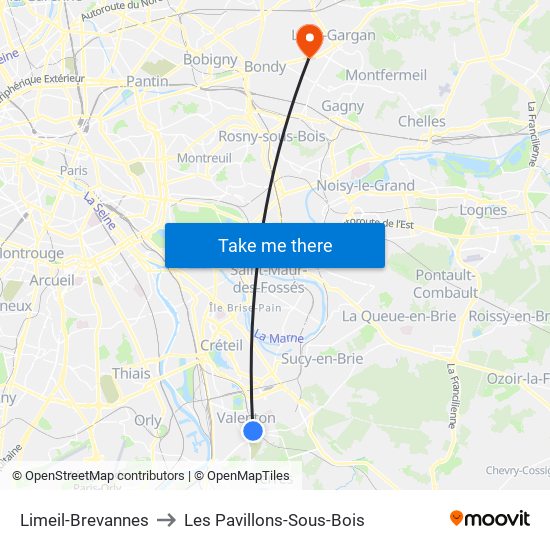 Limeil-Brevannes to Les Pavillons-Sous-Bois map