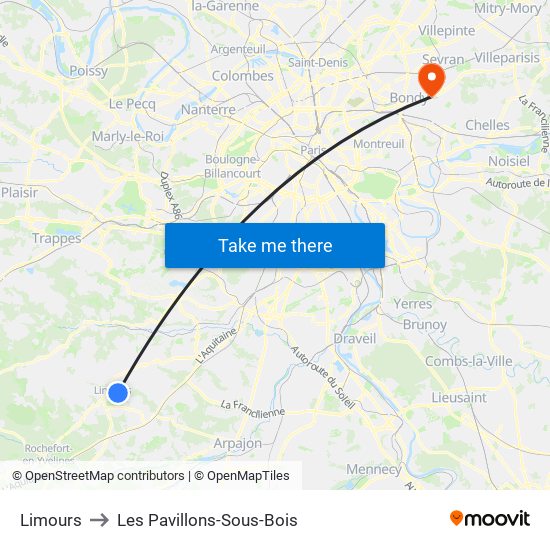 Limours to Les Pavillons-Sous-Bois map