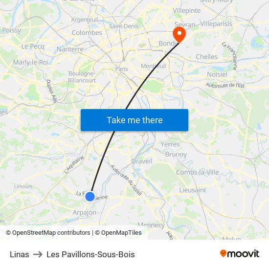 Linas to Les Pavillons-Sous-Bois map