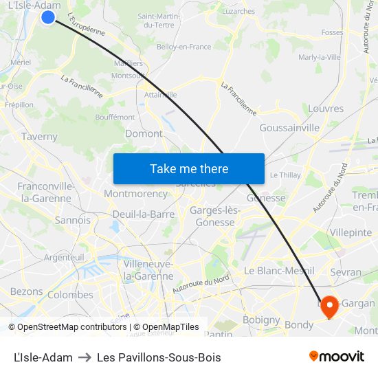 L'Isle-Adam to Les Pavillons-Sous-Bois map