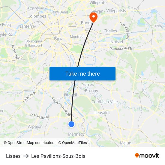 Lisses to Les Pavillons-Sous-Bois map
