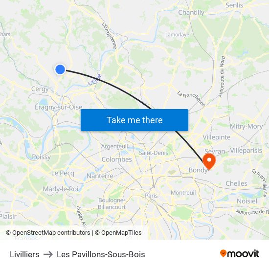 Livilliers to Les Pavillons-Sous-Bois map