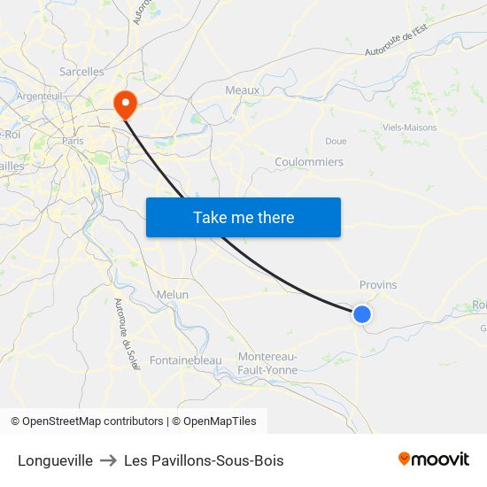 Longueville to Les Pavillons-Sous-Bois map