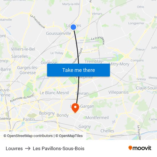 Louvres to Les Pavillons-Sous-Bois map