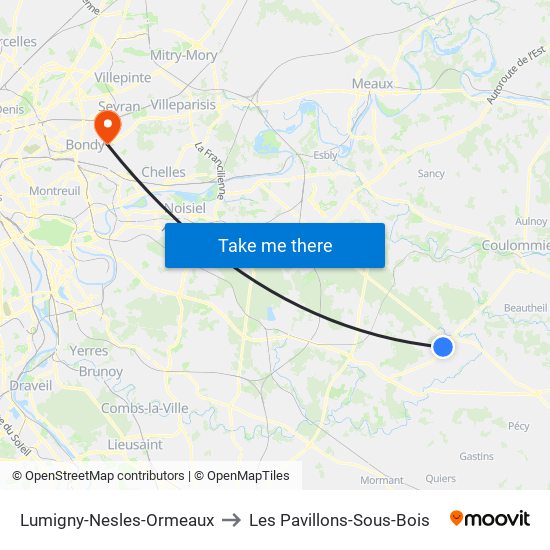 Lumigny-Nesles-Ormeaux to Les Pavillons-Sous-Bois map