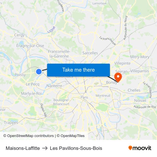 Maisons-Laffitte to Les Pavillons-Sous-Bois map