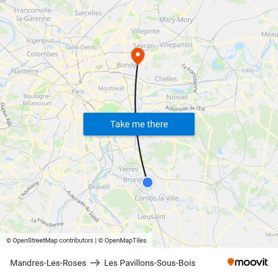 Mandres-Les-Roses to Les Pavillons-Sous-Bois map