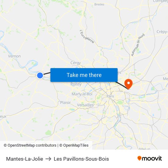 Mantes-La-Jolie to Les Pavillons-Sous-Bois map