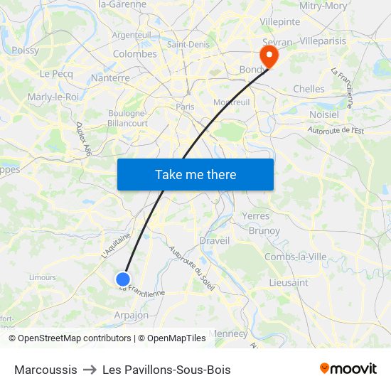 Marcoussis to Les Pavillons-Sous-Bois map