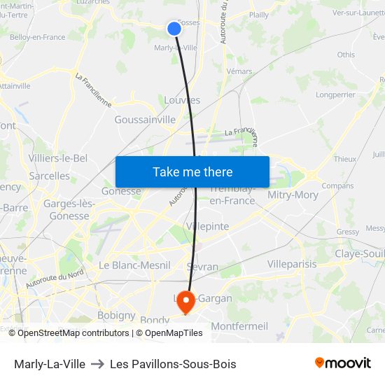 Marly-La-Ville to Les Pavillons-Sous-Bois map