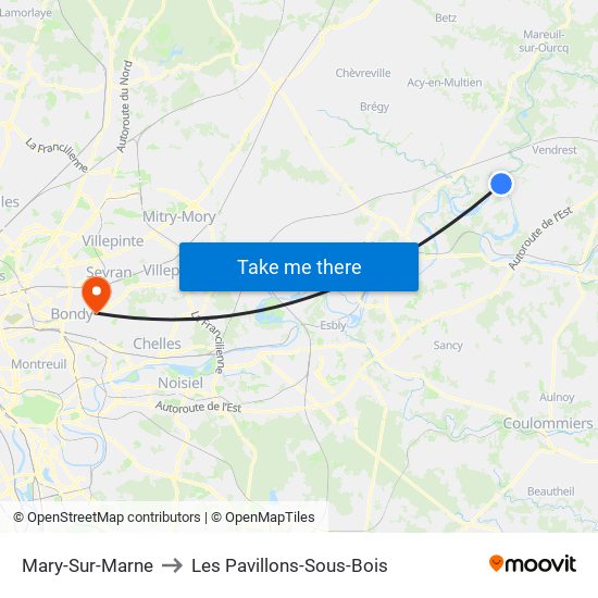 Mary-Sur-Marne to Les Pavillons-Sous-Bois map