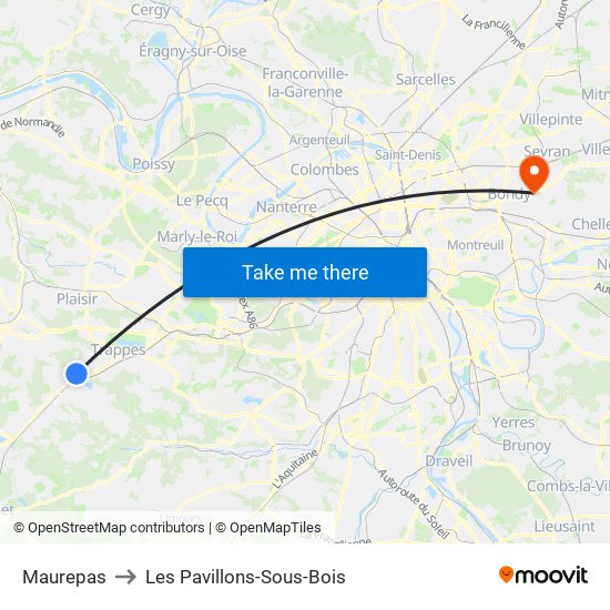 Maurepas to Les Pavillons-Sous-Bois map