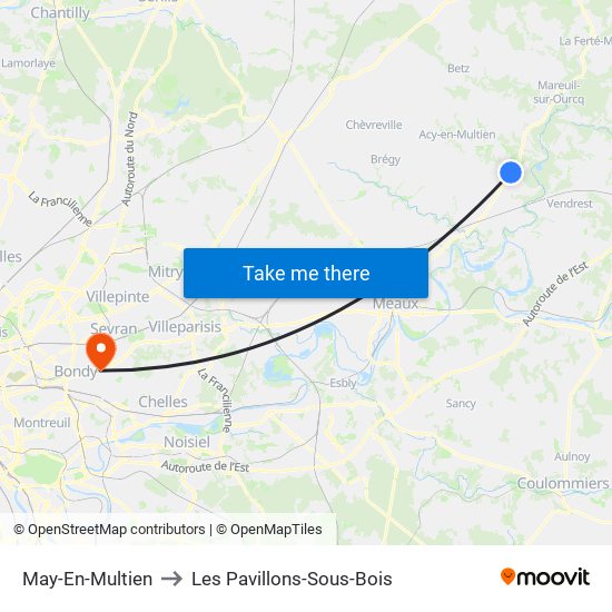 May-En-Multien to Les Pavillons-Sous-Bois map