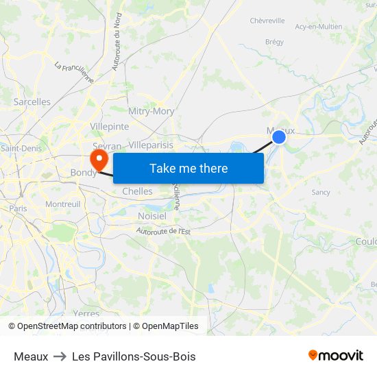 Meaux to Les Pavillons-Sous-Bois map
