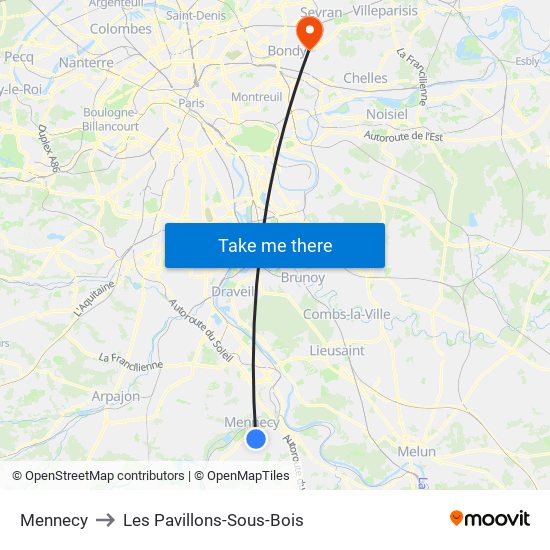 Mennecy to Les Pavillons-Sous-Bois map