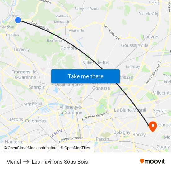 Meriel to Les Pavillons-Sous-Bois map