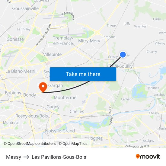 Messy to Les Pavillons-Sous-Bois map