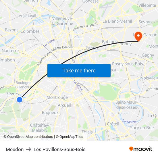 Meudon to Les Pavillons-Sous-Bois map