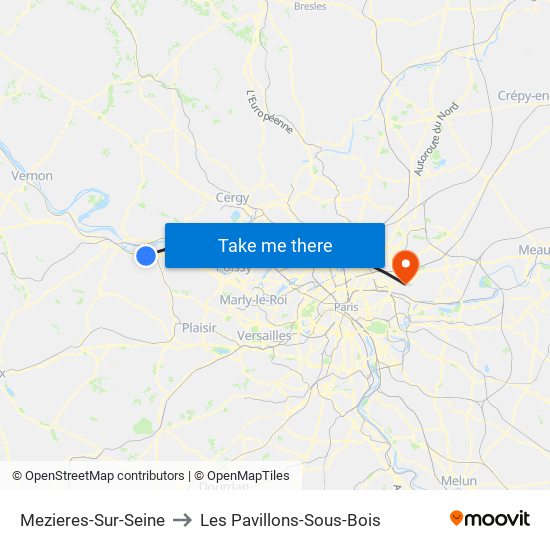 Mezieres-Sur-Seine to Les Pavillons-Sous-Bois map