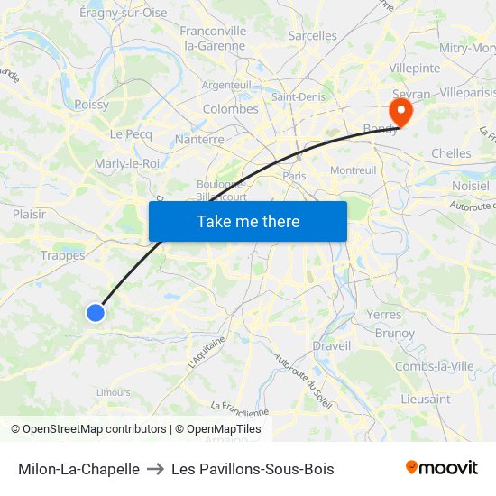 Milon-La-Chapelle to Les Pavillons-Sous-Bois map