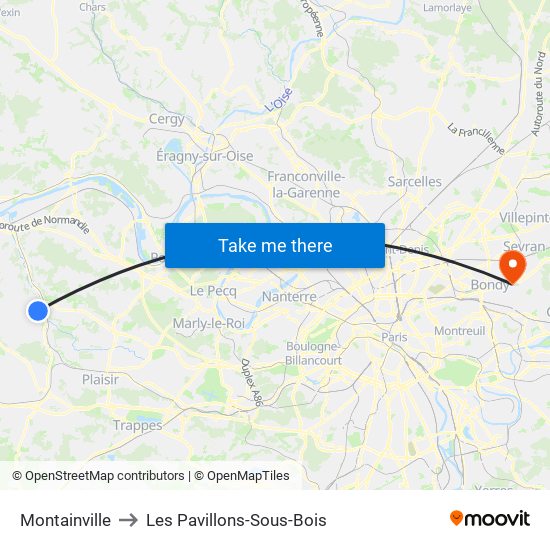Montainville to Les Pavillons-Sous-Bois map