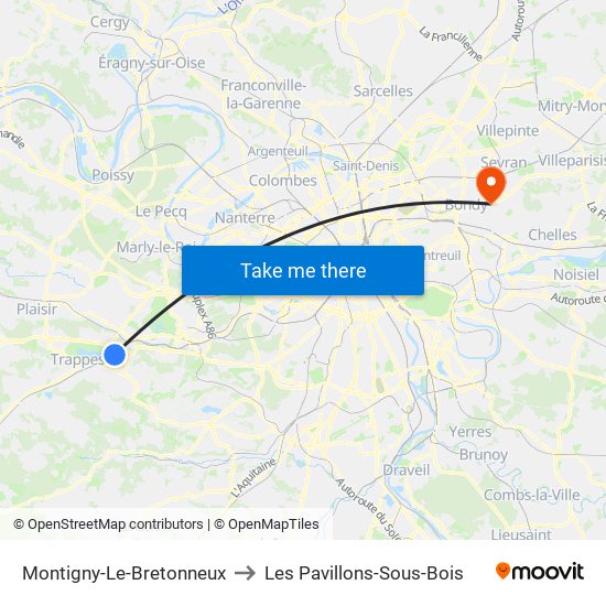 Montigny-Le-Bretonneux to Les Pavillons-Sous-Bois map