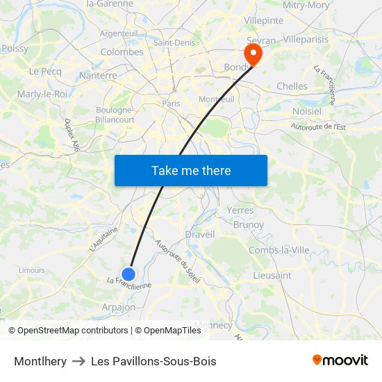 Montlhery to Les Pavillons-Sous-Bois map