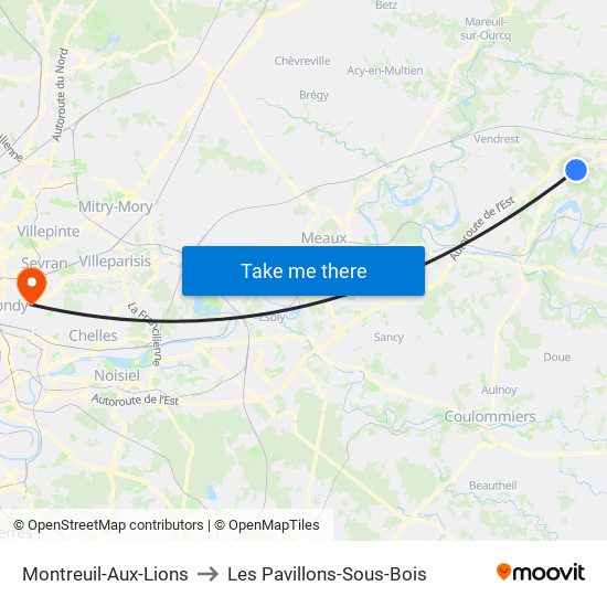 Montreuil-Aux-Lions to Les Pavillons-Sous-Bois map