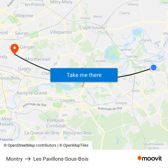 Montry to Les Pavillons-Sous-Bois map