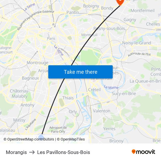 Morangis to Les Pavillons-Sous-Bois map