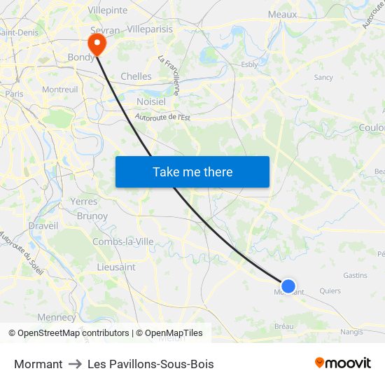 Mormant to Les Pavillons-Sous-Bois map