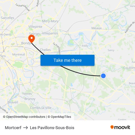 Mortcerf to Les Pavillons-Sous-Bois map
