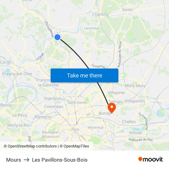Mours to Les Pavillons-Sous-Bois map