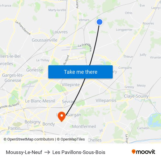 Moussy-Le-Neuf to Les Pavillons-Sous-Bois map