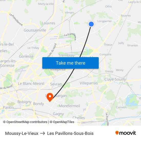 Moussy-Le-Vieux to Les Pavillons-Sous-Bois map