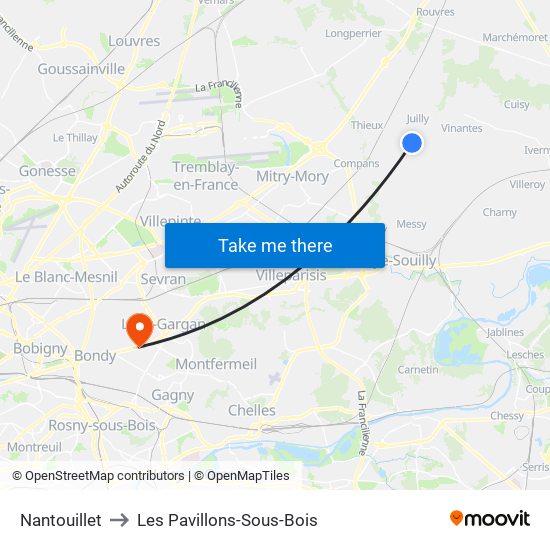 Nantouillet to Les Pavillons-Sous-Bois map