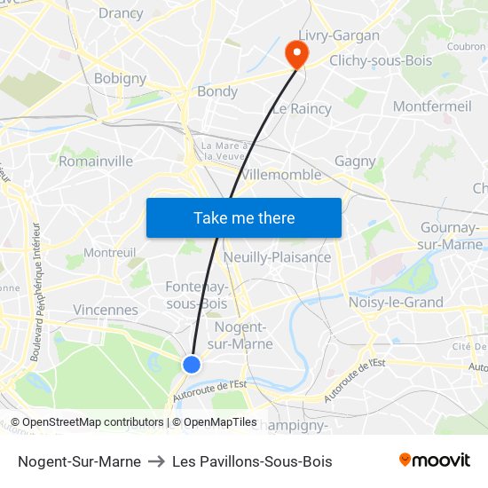 Nogent-Sur-Marne to Les Pavillons-Sous-Bois map