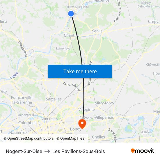 Nogent-Sur-Oise to Les Pavillons-Sous-Bois map