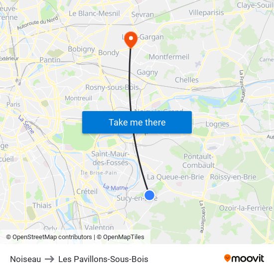 Noiseau to Les Pavillons-Sous-Bois map