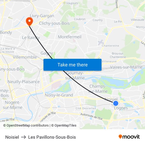 Noisiel to Les Pavillons-Sous-Bois map