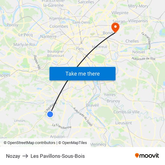Nozay to Les Pavillons-Sous-Bois map