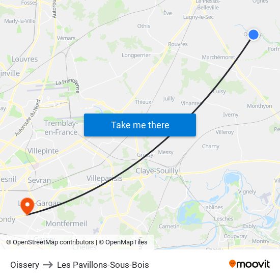Oissery to Les Pavillons-Sous-Bois map