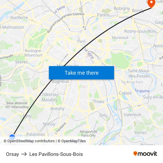 Orsay to Les Pavillons-Sous-Bois map