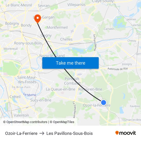 Ozoir-La-Ferriere to Les Pavillons-Sous-Bois map