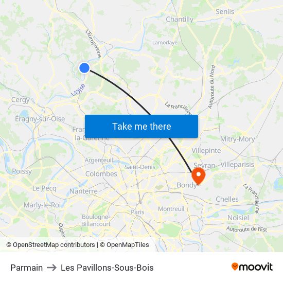 Parmain to Les Pavillons-Sous-Bois map