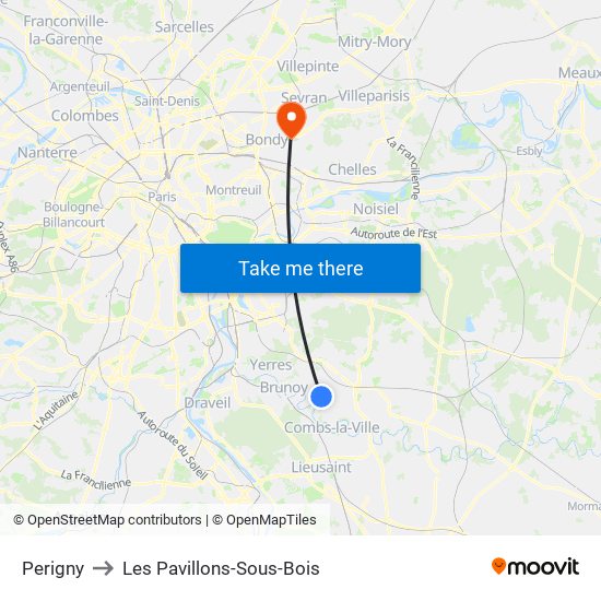 Perigny to Les Pavillons-Sous-Bois map