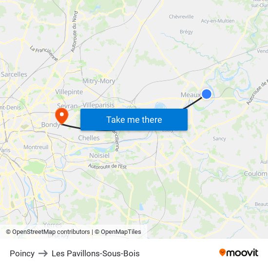 Poincy to Les Pavillons-Sous-Bois map