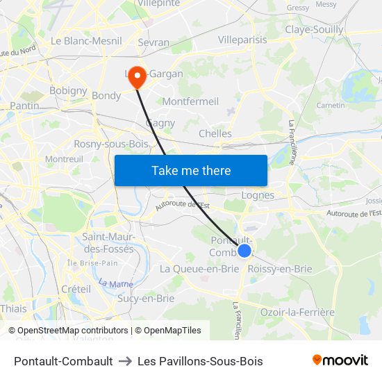 Pontault-Combault to Les Pavillons-Sous-Bois map