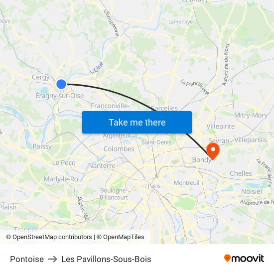 Pontoise to Les Pavillons-Sous-Bois map