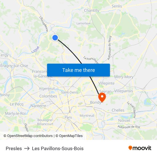 Presles to Les Pavillons-Sous-Bois map